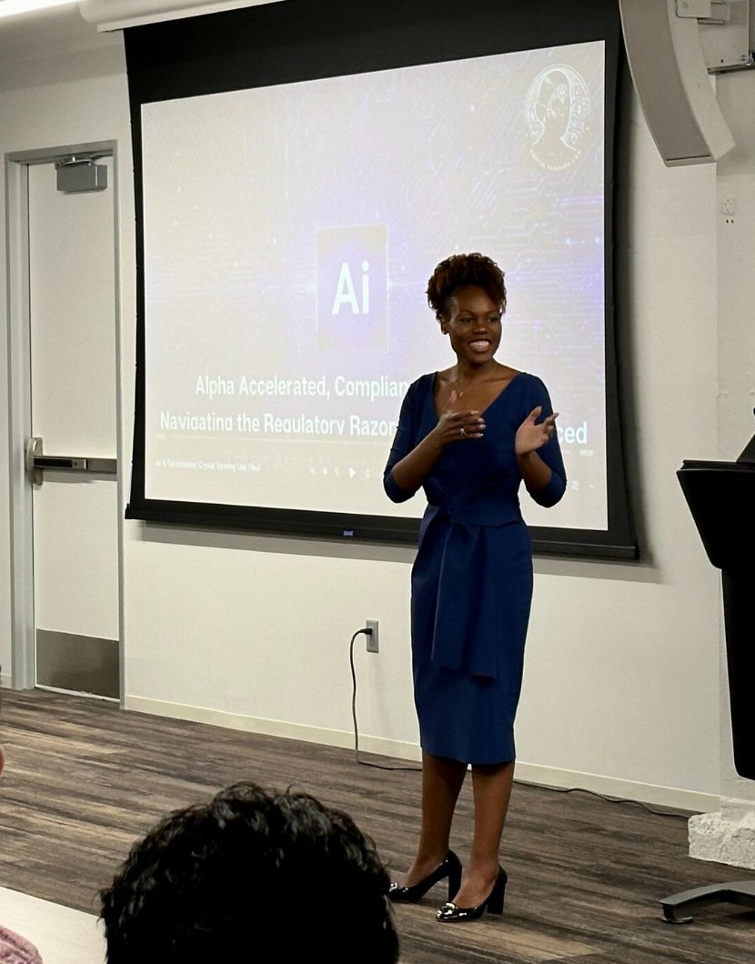Crystal Venning presenting a talk on AI and tokenization